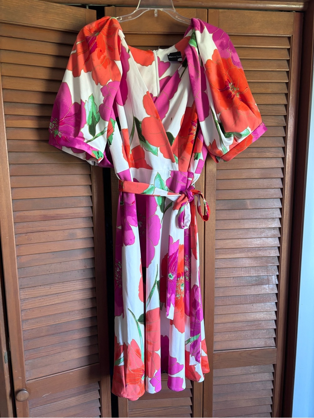 Maison Tara White Midi Dress with Pink and Orange Floral Print